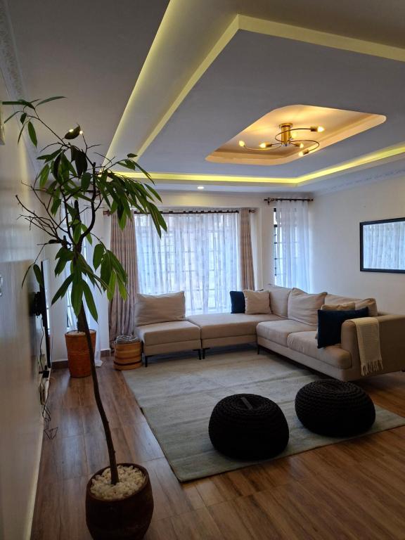 a living room with a couch and a plant at Pearl Apartment Ruaka in Ruaka