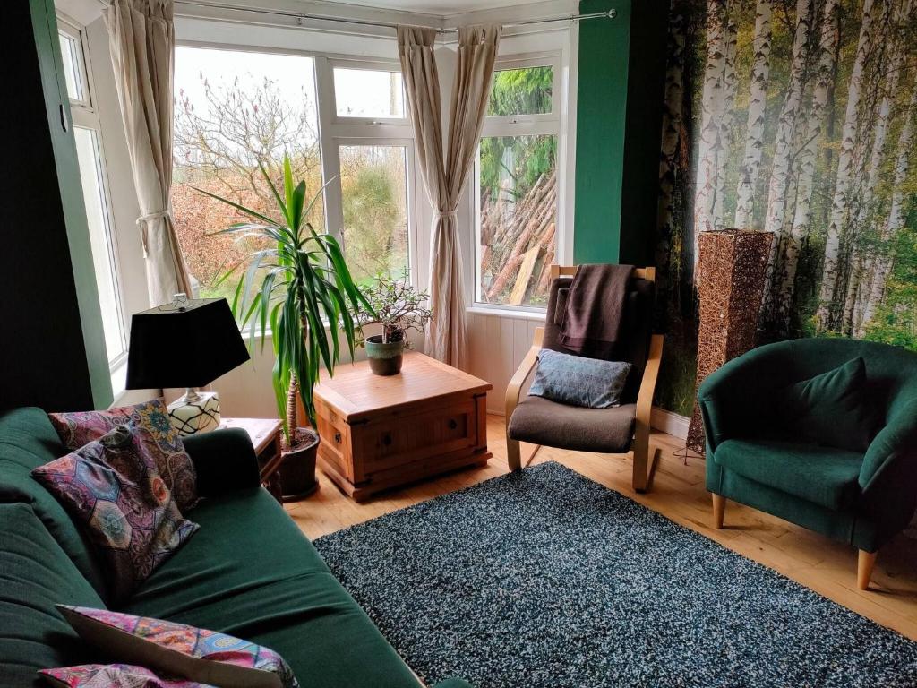 a living room with a green couch and chairs and a window at Hidden Hearts Haven Spa in Lelagh
