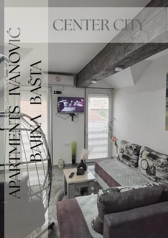 a living room with a couch and a tv at APARTMENTS IVANOViC CENTER CITY in Bajina Bašta