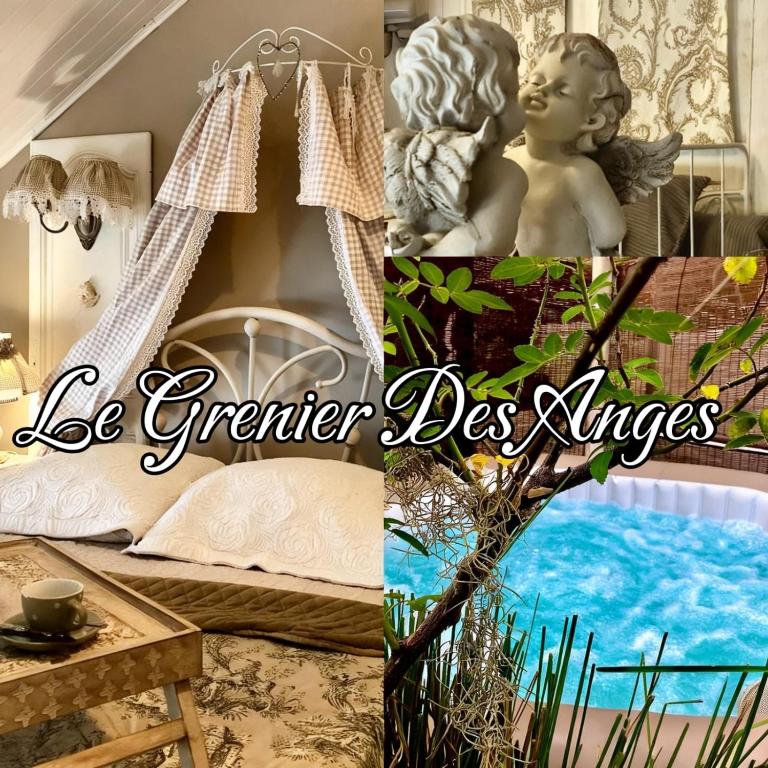 a collage of pictures of a room with a bed and a table at La Porte Bleue le grenier des Anges in Saint-Pierre