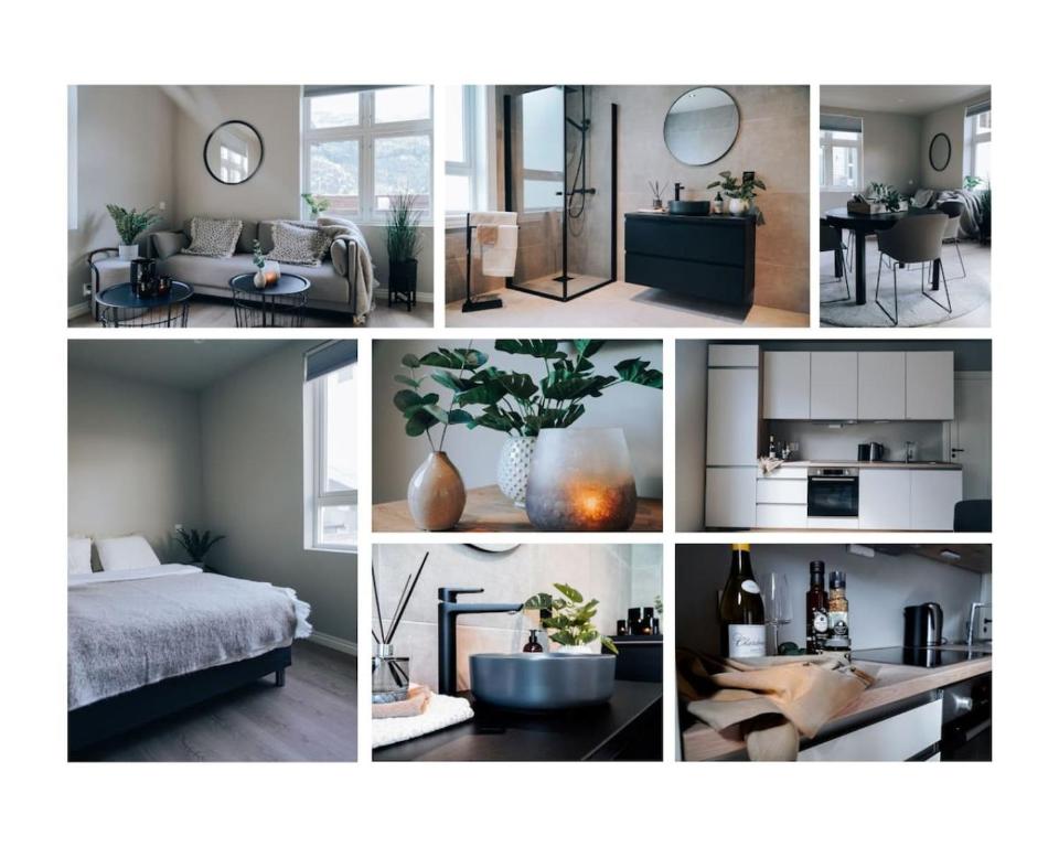 a collage of photos of a living room and a bedroom at Odda Apartments - 2BR & 3BR - Parking - T32 in Odda