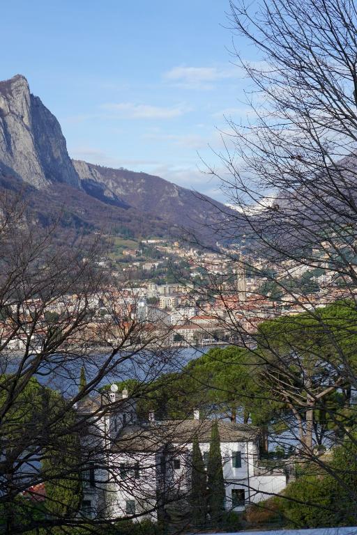 a view of a city with a mountain in the background at Colli Apartment Lake Como in Malgrate