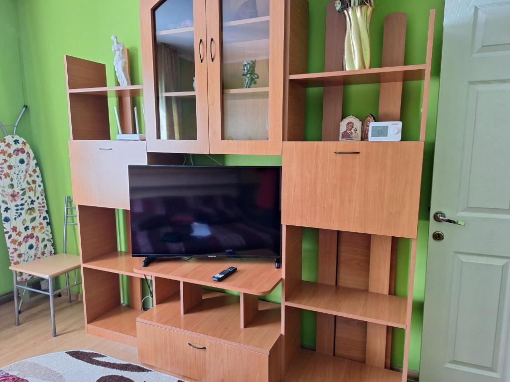 a wooden book shelf with a tv in it at Garsoniera MAIA Slănic-Moldova in Slănic-Moldova