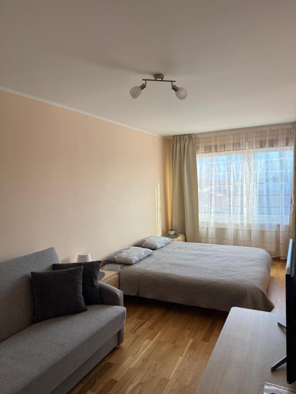 a bedroom with two beds and a couch and a window at Dzīvoklis Bauskā in Bauska