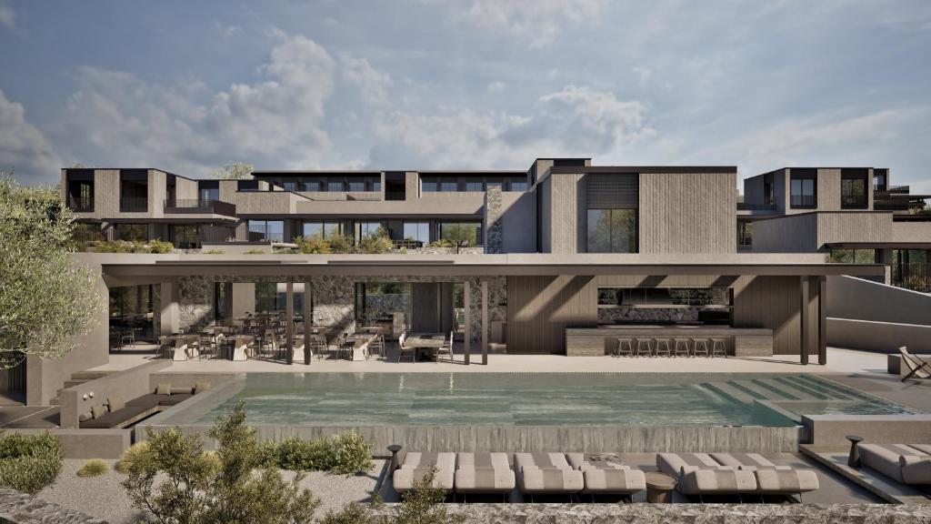 an architectural rendering of a house with a swimming pool at Neme Slow Living Retreat in Rethymno