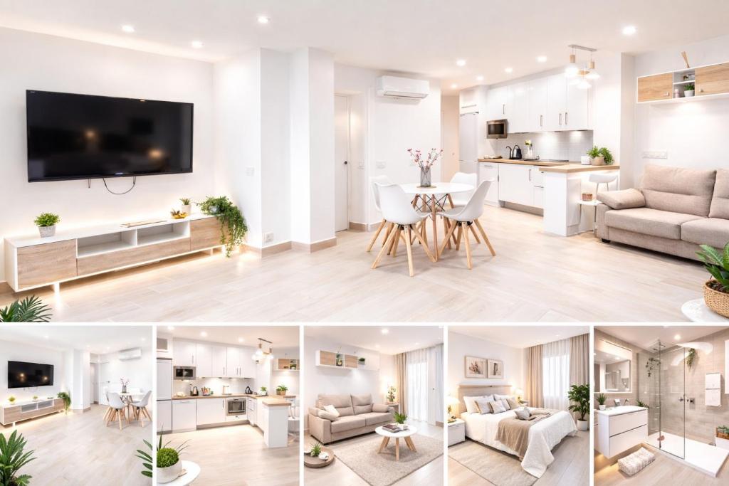 a white living room and kitchen with a couch and a table at Hospedium GL Andújar Boutique in Andújar