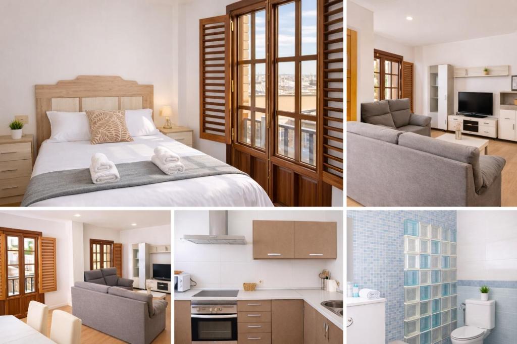 a collage of photos of a bedroom and a living room at Hospedium GL Andújar Suites in Andújar