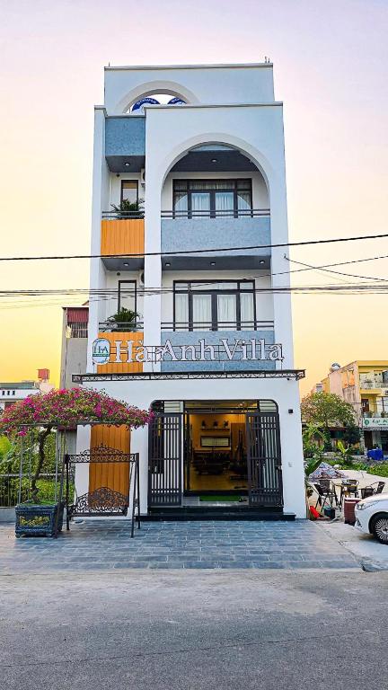 a building with a sign on the front of it at Ha Anh Villa Ninh Binh in Ninh Binh