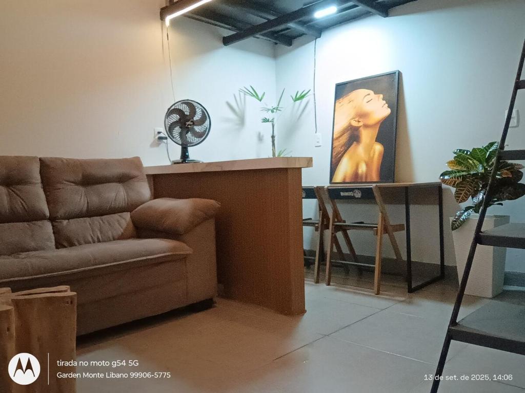 a living room with a couch and a painting on the wall at Flat no Garden 2 in Rondonópolis