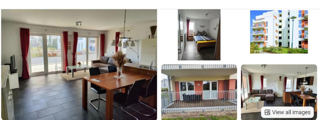 a collage of four pictures of a living room at Nordsee Resort in Wangerland