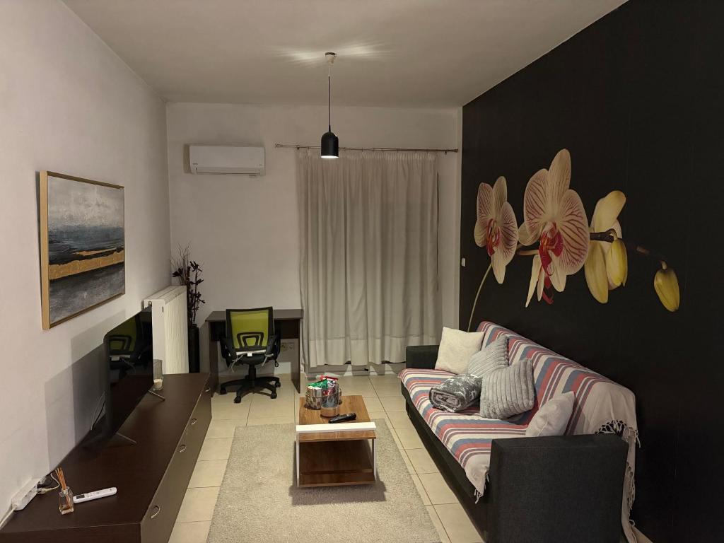 a living room with a couch and a table at Zoes apartments in Orestiada
