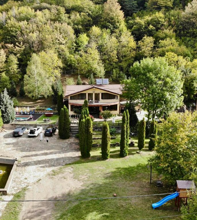 an aerial view of a house with a park at Pensiunea Un colț de Rai in Lunca Jariştei