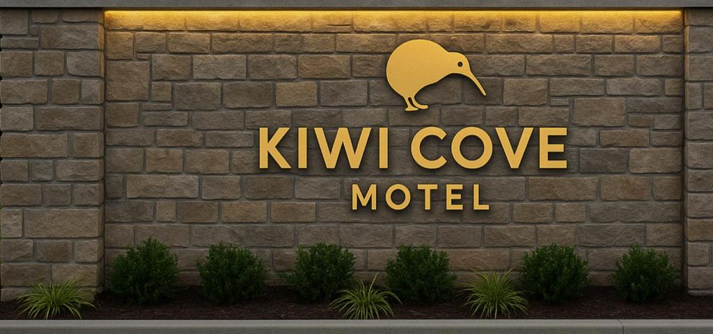 a kiwi cove motel sign on a brick wall at Kiwi Cove Motel in Taupo