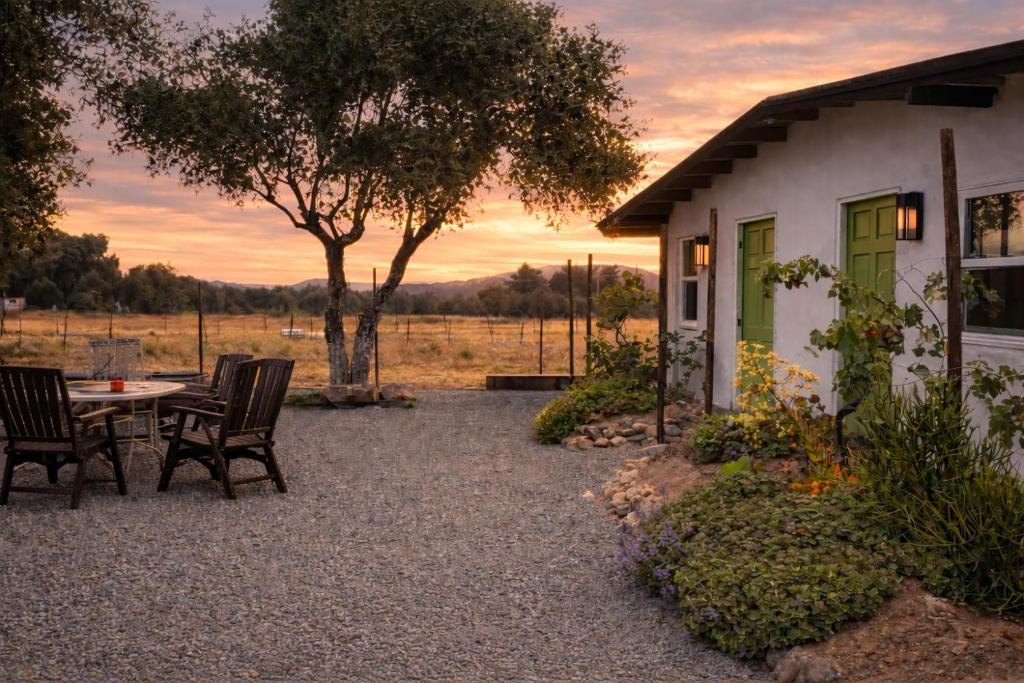 a patio with a table and chairs in front of a house at Ranchito Buhos in Francisco Zarco