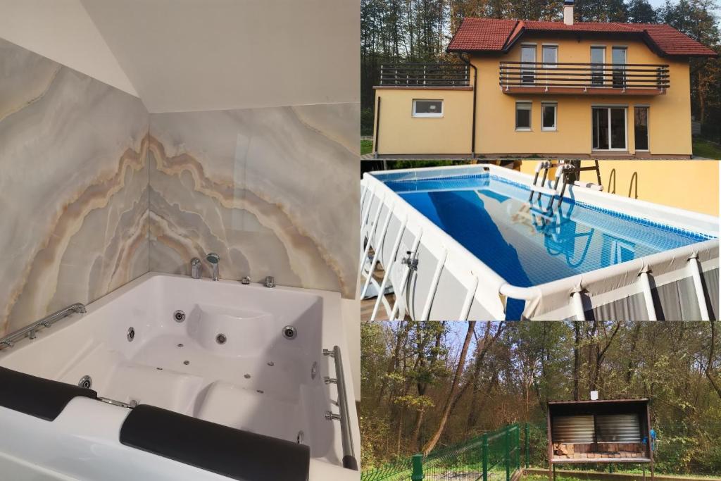 a collage of pictures of a swimming pool and a house at Kuća za odmor- Milošev Konak Banja Luka in Novi Kovići