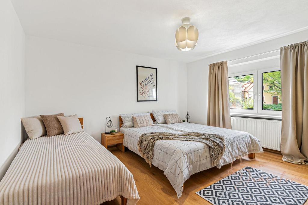 a bedroom with two beds and a window at Vila Ochutnej Pálavu in Pavlov