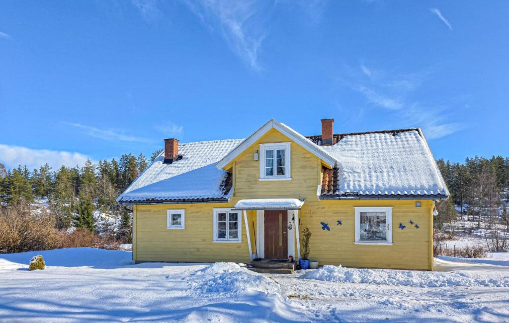 a yellow house with snow on the ground at 4 Bedroom Awesome Home In Ulefoss in Ulefoss