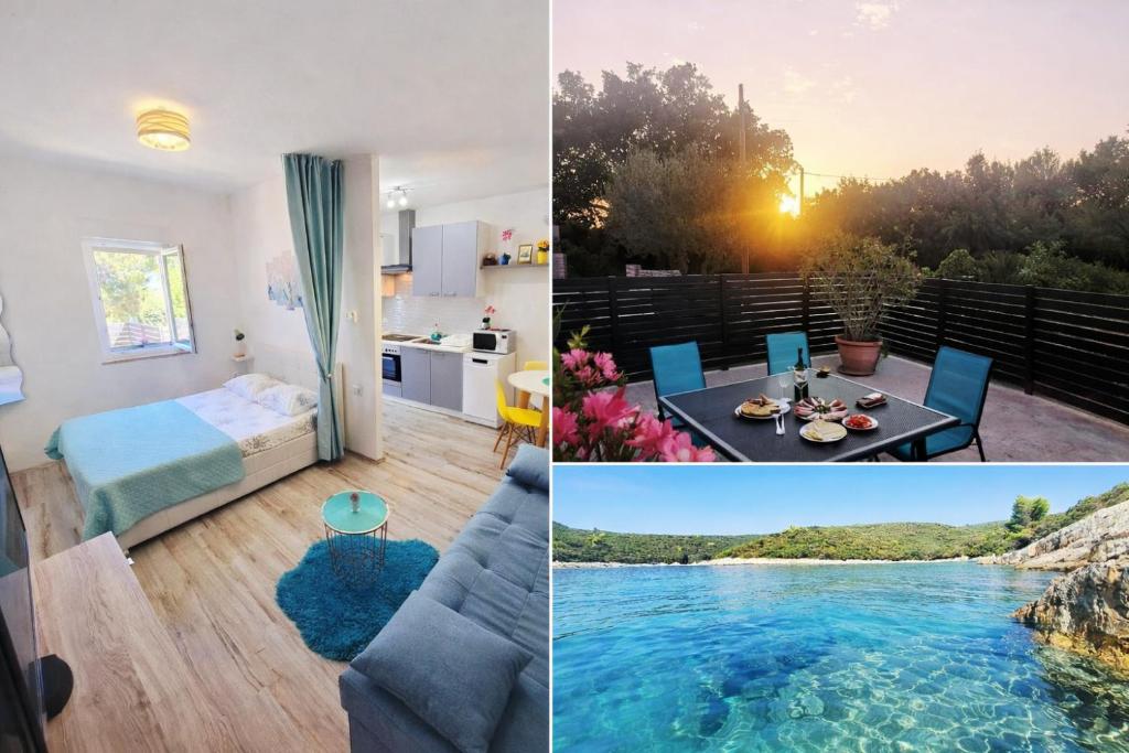 a collage of photos with a bedroom and a pool at Lennida Studio Apartman with free parking in Kavran