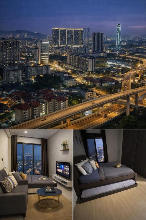 a living room with a view of a city at night at Continew Residence by TM House in Kuala Lumpur