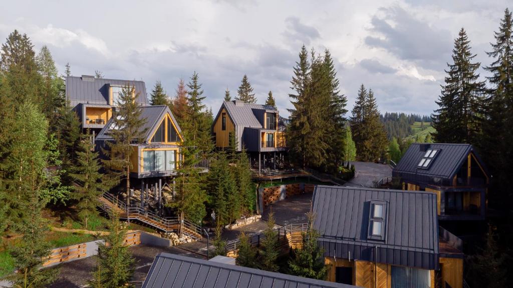an aerial view of a house in the woods at SKOGUR - Home & Resort in Bukovel