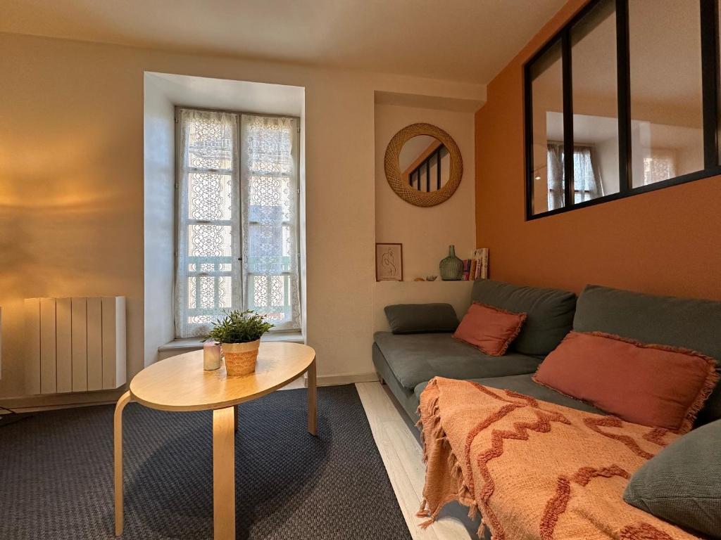 a living room with a couch and a table at Le Cabrol Grand studio Hyper centre WIFI 2ème étage in Rodez