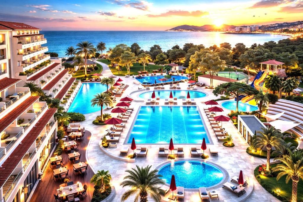an aerial view of a resort with a pool and the ocean at Batıhan Beach Resort & Spa in Kuşadası