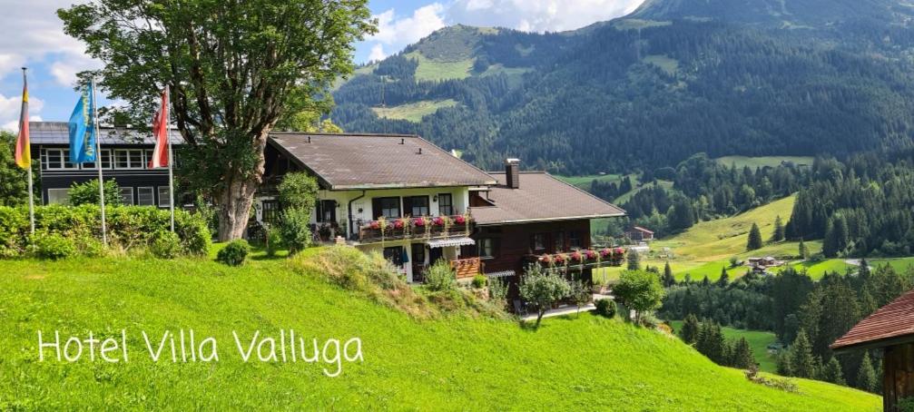 a house on top of a green hill with mountains at Villa Valluga in Mittelberg