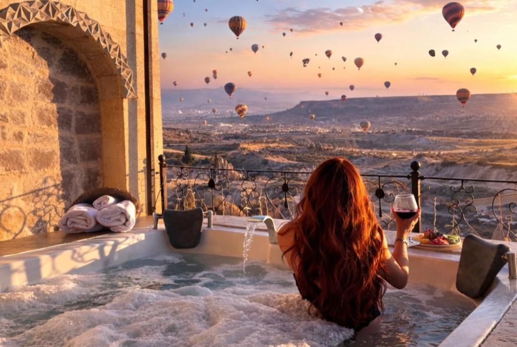 a woman sitting in a hot tub watching hot air balloons at Simera in Cappadocia - Special Class - Best View Rooftop in Uçhisar