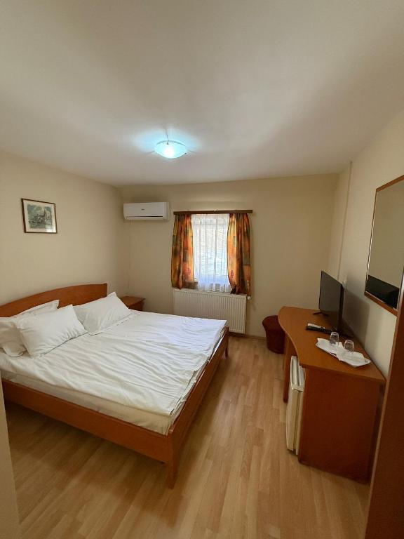 a bedroom with a bed and a desk and a television at Popas Mara in Radna