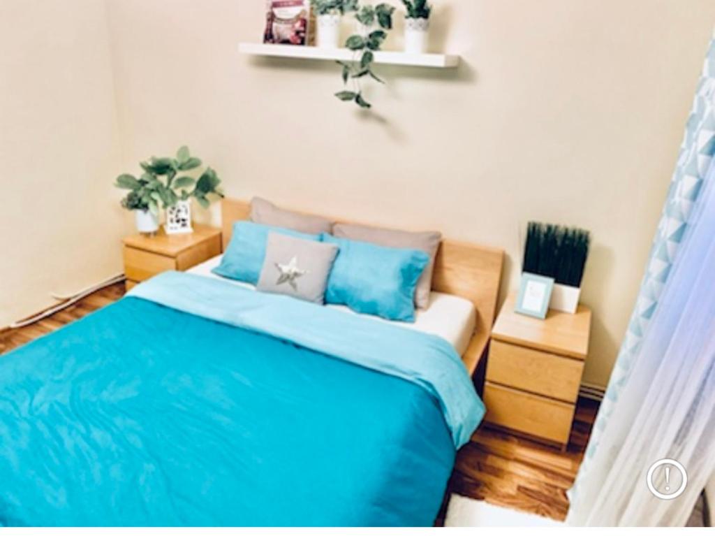 a bedroom with a bed with blue sheets at Middeltown rose in Alba Iulia