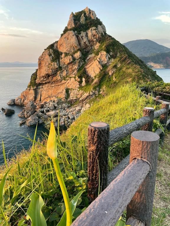 a view of a mountain with a fence and a flower at ぺろんち in Shinkamigoto