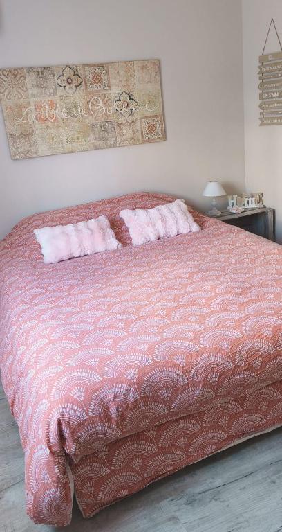 a bedroom with a large bed with pink blankets at Chambre la Bohème in Élancourt