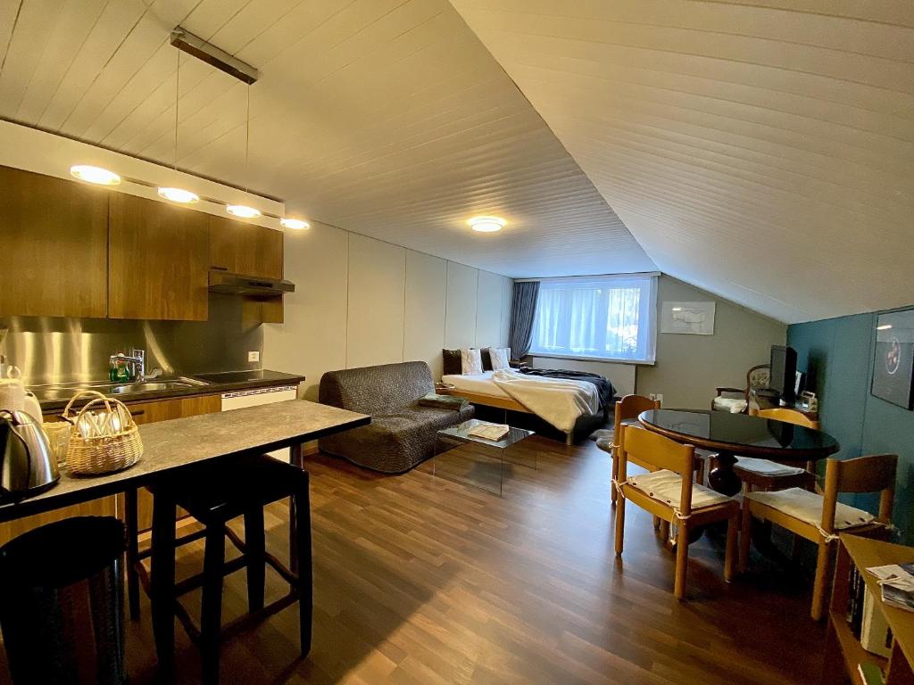 a room with a kitchen and a living room at Studio Apartment Göschenen in Göschenen