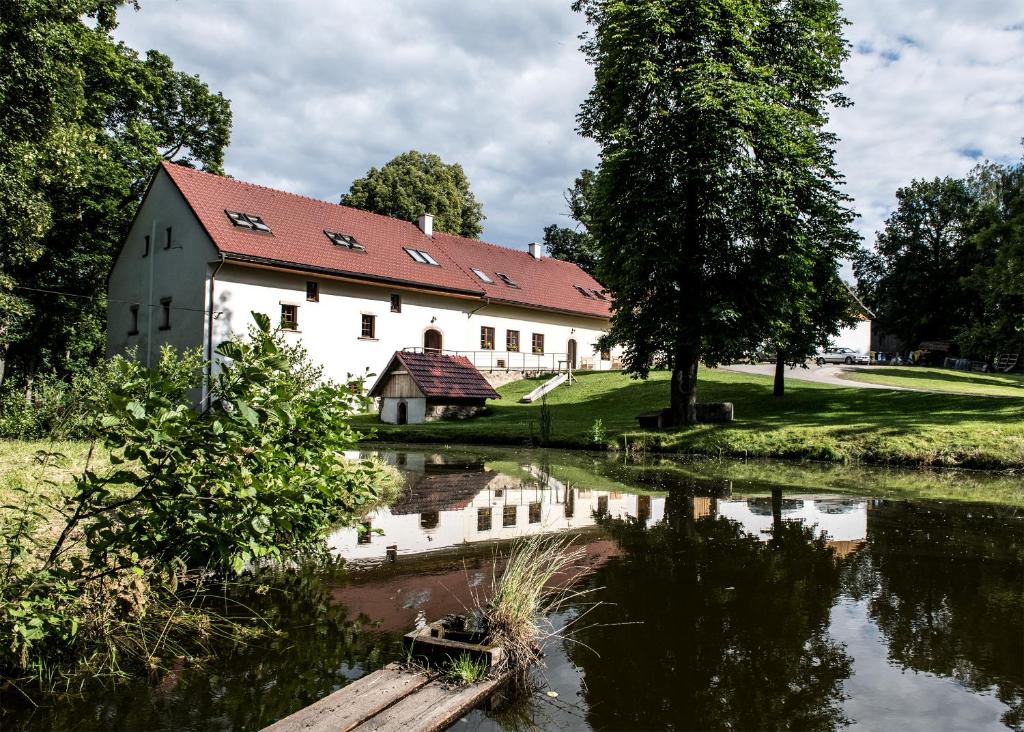 a white building with a red roof next to a river at Penzion Mlyn Trestice in Třeštice