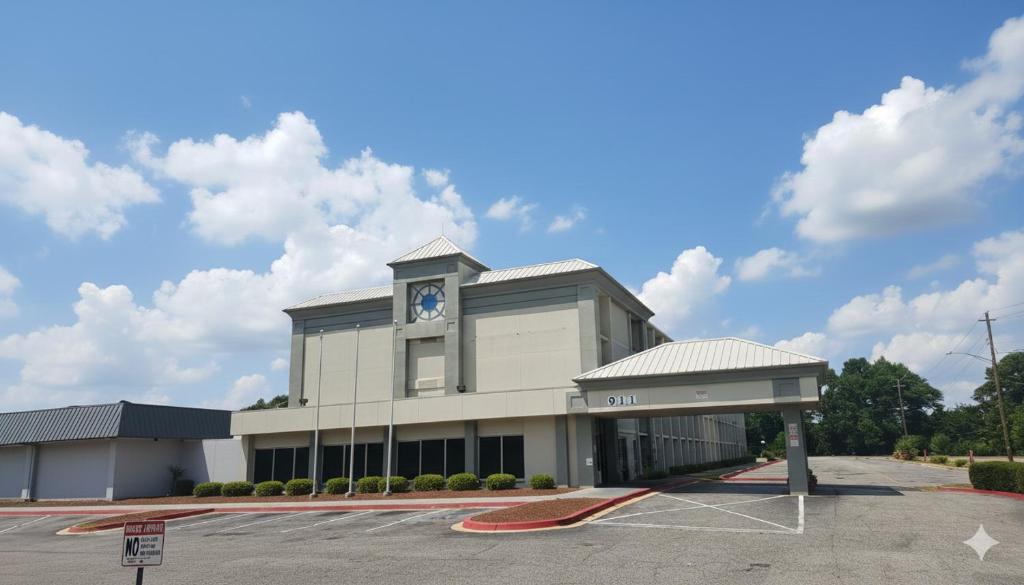 a building with a clock tower in a parking lot at Noble Suites in Albany