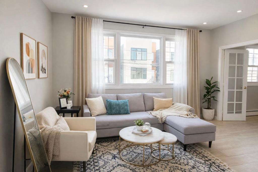 a living room with a couch and a table at Jefferson - 20 mins to Manhattan, NYC in West New York