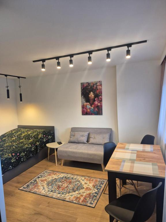 a living room with a couch and a table at Apartament Serbinowska in Kalisz
