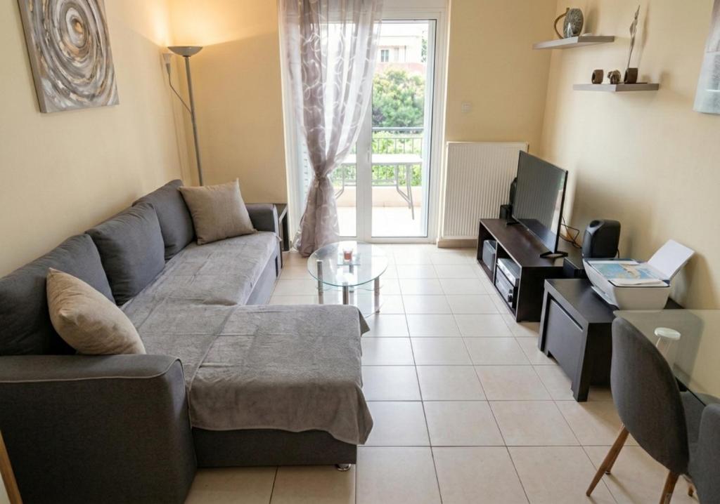 a living room with a couch and a tv at Holiday & Business Furnished Apartments in Mytikas