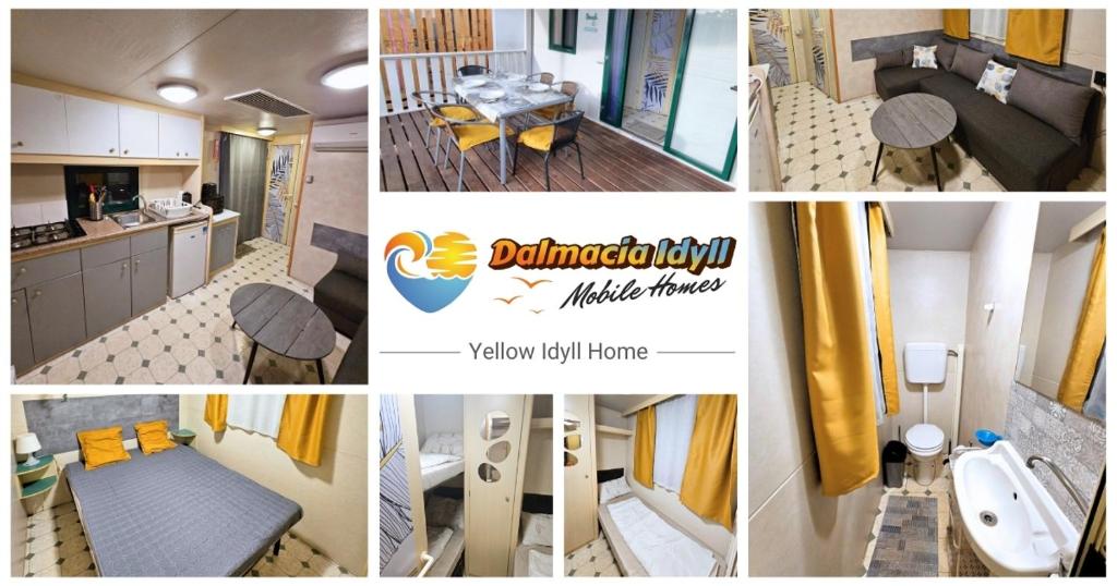 a collage of pictures of a kitchen and a room at Dalmacia Idyll mobilházak Privlaka in Privlaka