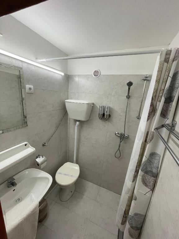 a bathroom with a sink and a toilet and a shower at Themis Apartment in Kotor