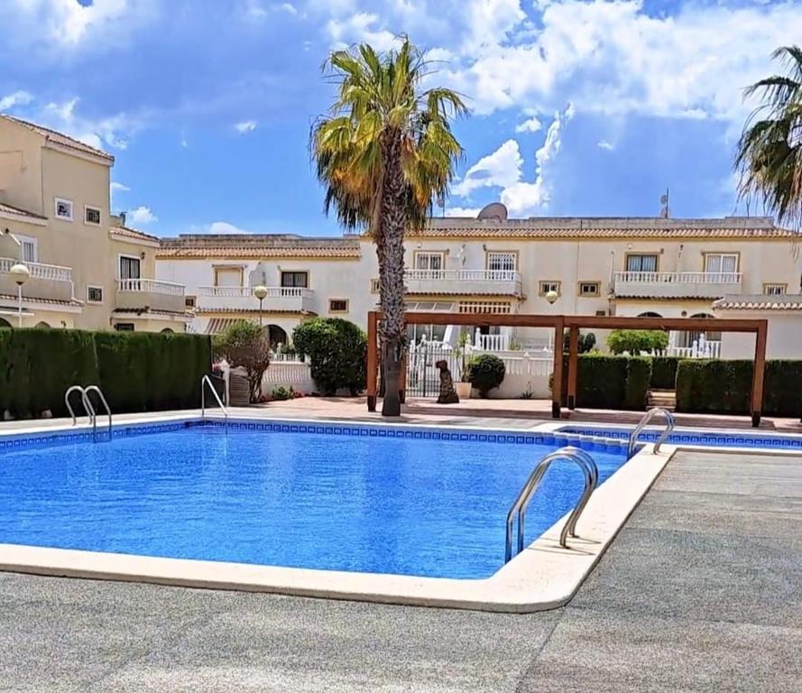 a swimming pool with a palm tree in front of a building at Casa Mediterránea Kai in Gran Alacant