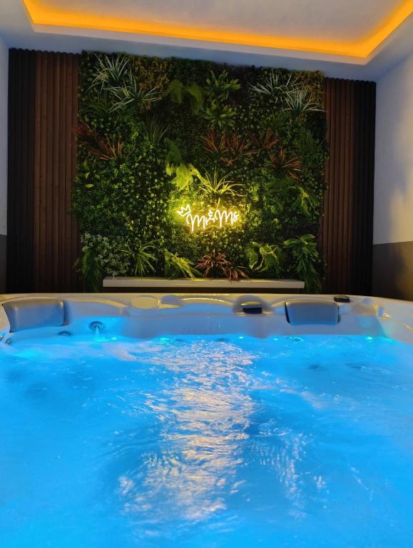 a large swimming pool in front of a plant wall at Jacuzzi Apartman in Karuše