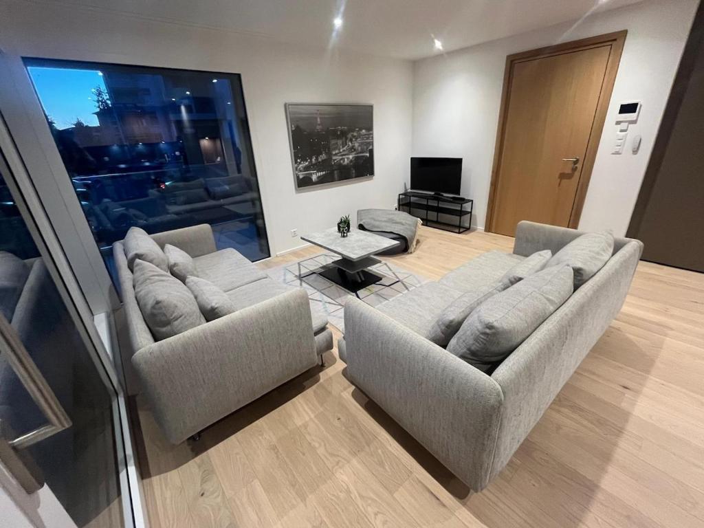 a living room with two couches and a table at Newly built 2-Bed Flat with parking in Pully in Pully