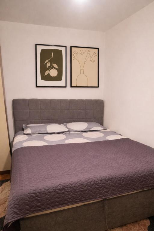 a bed in a bedroom with two pictures on the wall at Ali app in Travnik