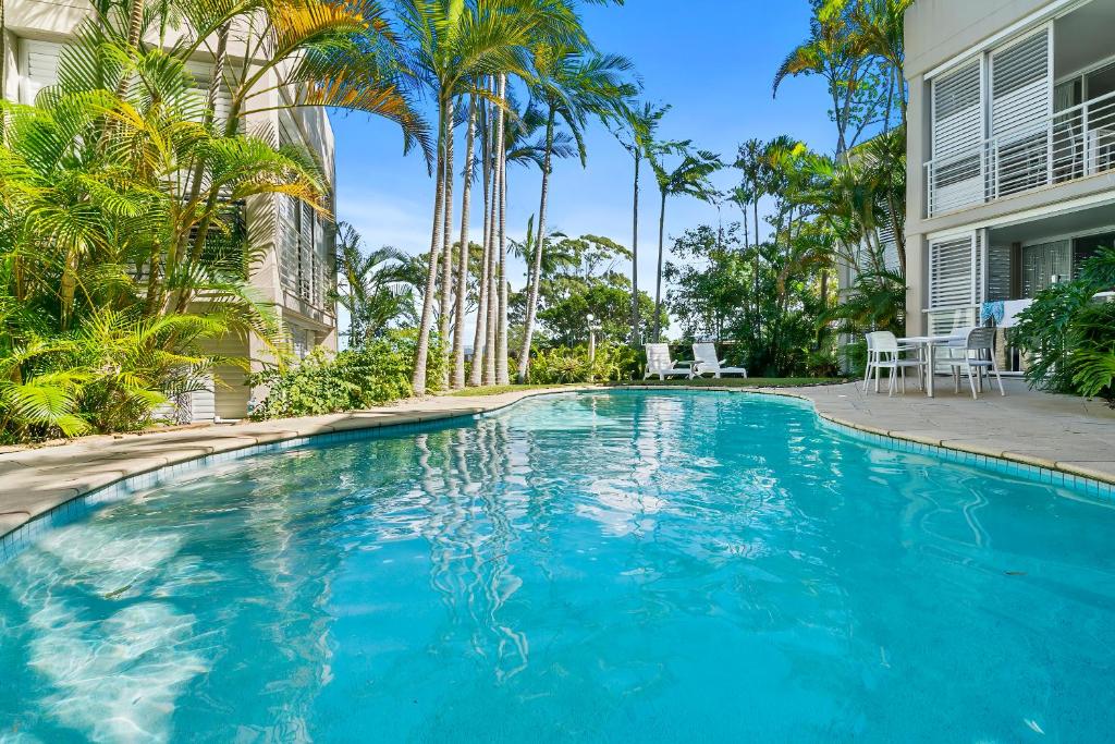 a swimming pool in front of a house with palm trees at Noosa Blue Resort in Noosa Heads