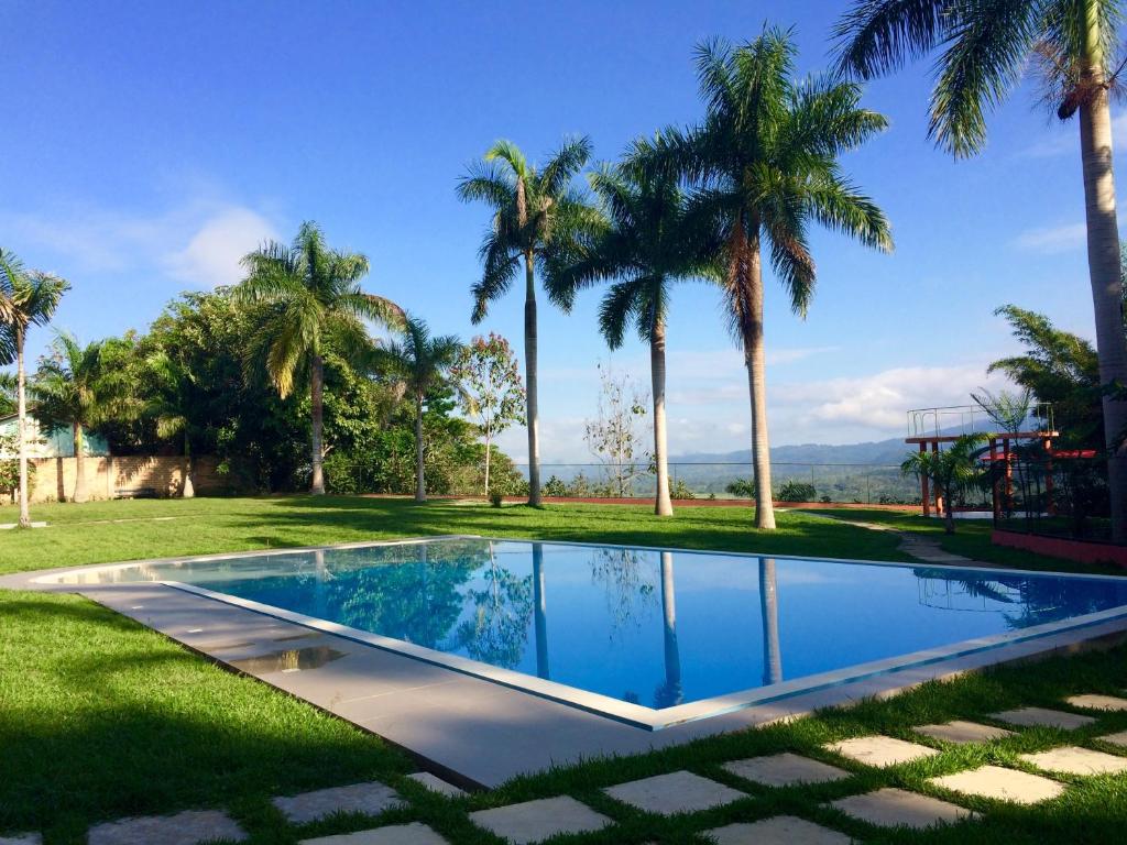una piscina en un patio con palmeras en Altavista Casahotel - Asociado Casa Andina, en Moyobamba