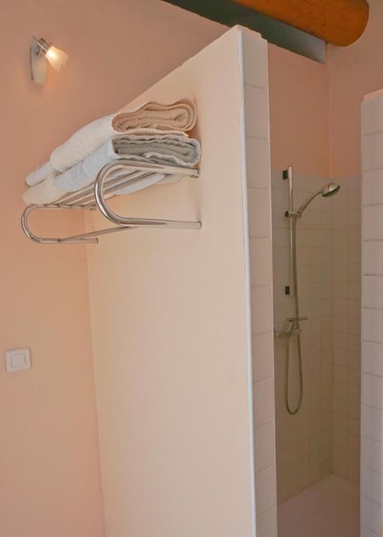 une salle de bain avec douche et un porte-serviettes dans l'établissement La Petite Maison, à Villeneuve-lès-Avignon