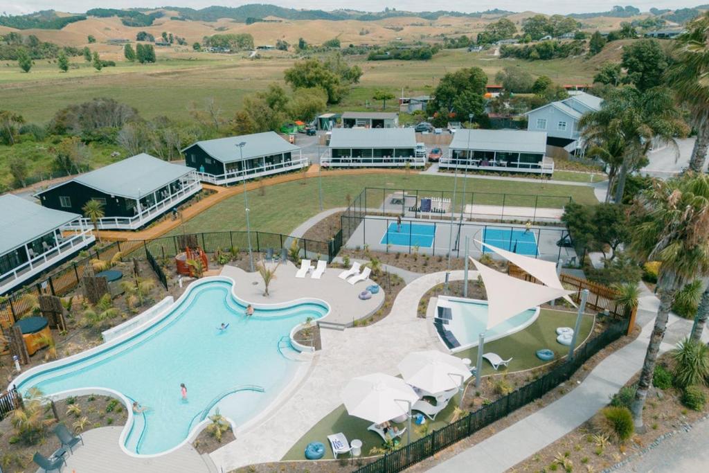 an aerial view of a pool at a resort at Tasman Holiday Parks - Miranda in Miranda