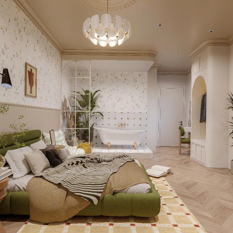 a bedroom with a large bed and a bath tub at GÓC MƠ home in Da Thanh
