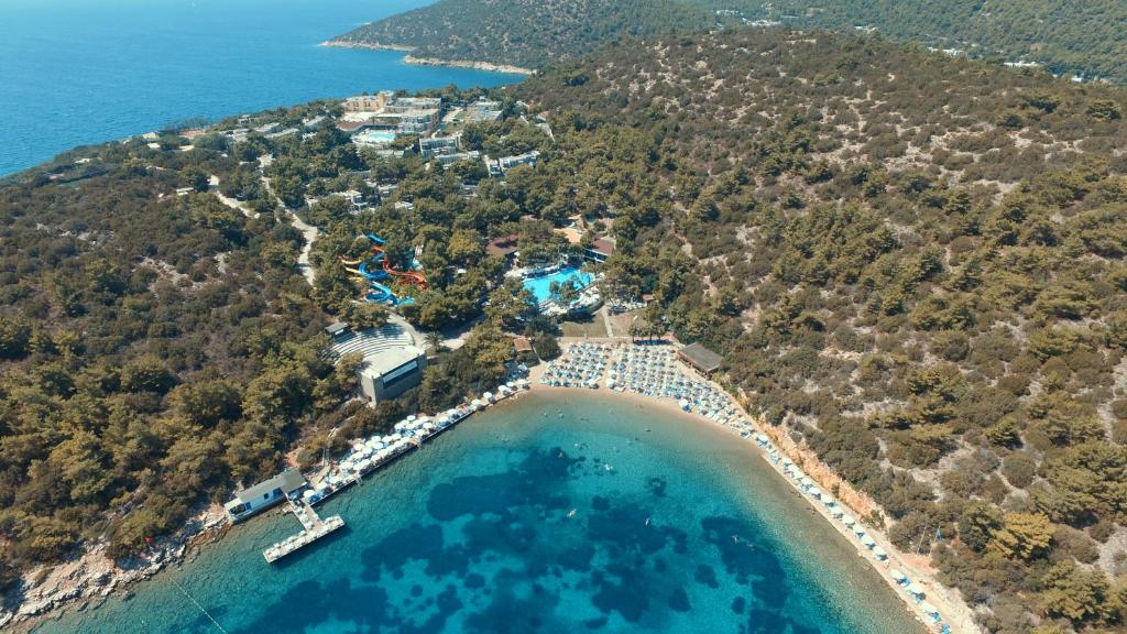 an aerial view of a resort on an island at Bodrum Park Resort in Yaliciftlik